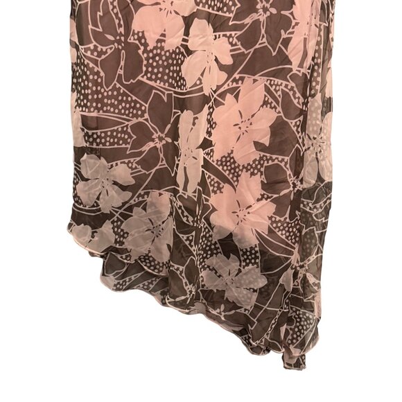 F.L.P. Floral Pink & Brown Sheer Asymmetrical Midi Dress Size 8 Polyester Lining - Picture 6 of 9